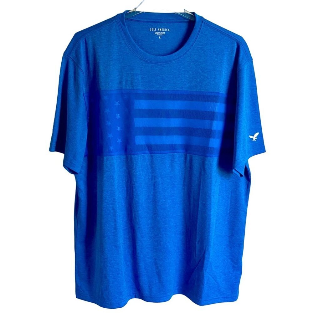 Golf America Blue Polyester Shirt with American Flag Under Mesh Men's Large NEW